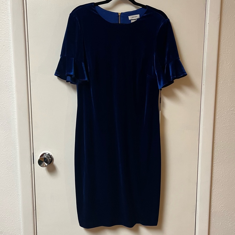 Calvin Klein Blue Velvet Dress. NWT. Size 14.